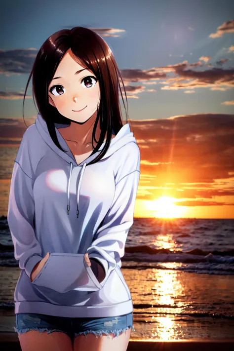 anirl, 1girl, hoodie, ctiy, sunset, looking at viewer, smile, skirt,, best quality, ultra high res, (photorealistic:1.4),