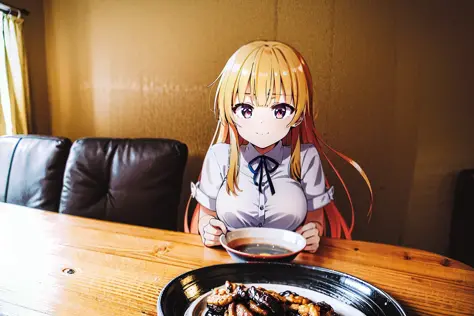 anime girl sitting at a table with a plate of food