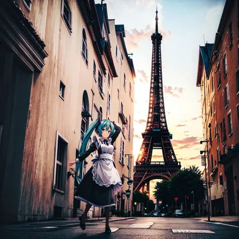 arafed image of a woman in a maid outfit in front of the eiffel tower