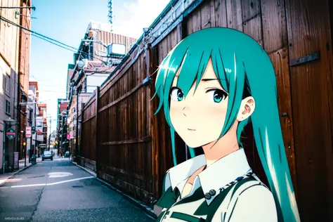 anime girl with long green hair standing in alley with wooden fence（hatsune miku)