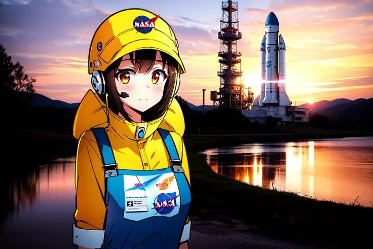 anime girl in yellow jacket and blue overalls standing in front of a lake