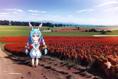 anirl, best quality, ultra high res,  1girl, usada pekora, rabbit ears, scenery, twin braids, carrot hair ornament, smug, carrot farm, full body,