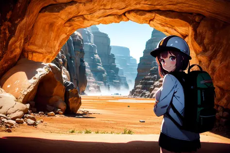 anirl, best quality, ultra high res,  1girl, mining helmet, in cave, (dark:1.3), tiltshift, scenery, solo, backpack, facing viewer, smile,