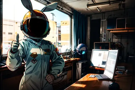 there is a man in a space suit standing in front of a computer