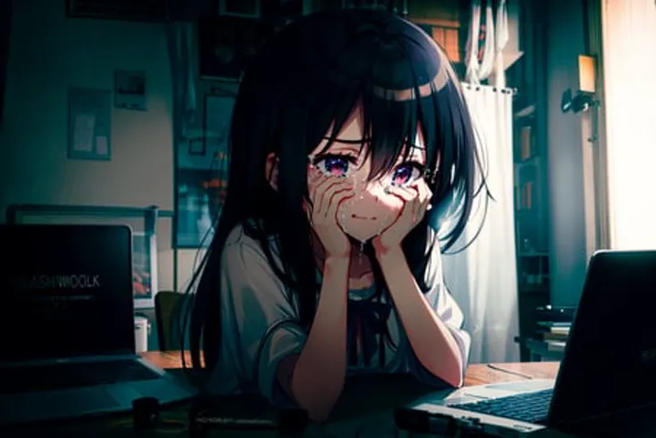 anime girl with glasses sitting at a table with a laptop