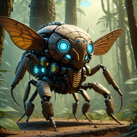 egyptTech imposante monstruosité insectoïde, Des bosquets enchantés animés d&#39;une flore sensible, Liminal,, éclairage volumétrique, cin3, netteté, science-fiction, insecte scarabée, Métal, peinture numérique, Station artistique, Moteur irréel, rendu d&#39;octane, société cg, artgerme, Rutkowski, brancard, Alphonse Mucha