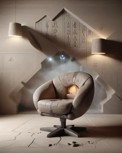 egypttech, photo of an elegant modern chair, hieroglyphs, product shot, no humans, good quality, detailed, high resolution, <lor...