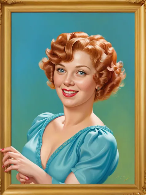 <lora:pinup:1>pinup of a happy  girl with medium length ginger curly hair ,  highly detailed, masterpiece