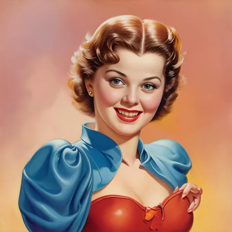 a close up of a woman in a red dress with a blue blouse