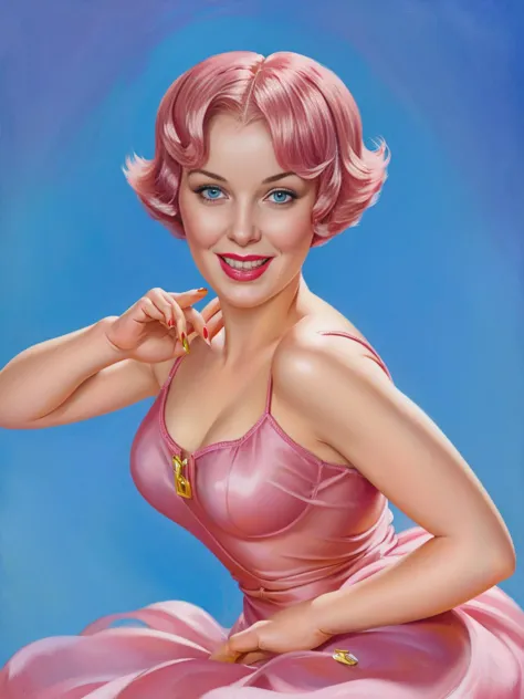 a painting of a woman in a pink dress posing for a picture