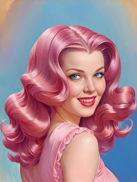 <lora:pinup:1>pinup of a happy  girl with long pink dye straight hair ,  highly detailed, masterpiece