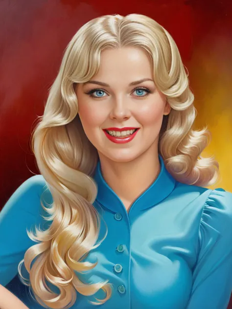 a painting of a woman with blonde hair and blue shirt