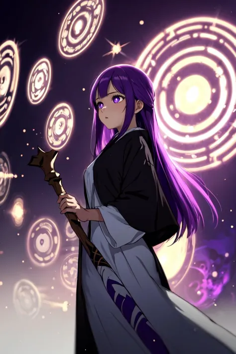 a woman with purple hair holding a sword in front of a background of circles