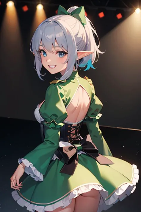 (best quality:1.2) (4k:1.) (highres:1.1) , (ultra detailed CG:1.1) ,
1girl elf , (detailed face:1) , (silver ponytail:1) , (small breasts:1) , big back bow , big bow on head , colorful backlight , backlight , grin , long puffy sleeves , corset , intense shadow , spotlight , multiple back chorus on stage , on stage , perspective , 