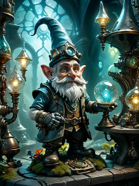 DonMR3mn4ntsXL, award winning photograph of a gnome with hidden knowledge in wonderland, colorful light reflections, magical, whimsical, fantasy art concept, steampunk, intricate details, best quality, masterpiece, ultra shartp, hyper realistic, realism<lora:DonMR3mn4ntsXL:0.8>