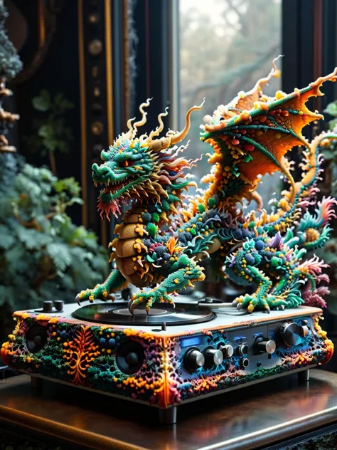 there is a dragon statue on a table with a laptop