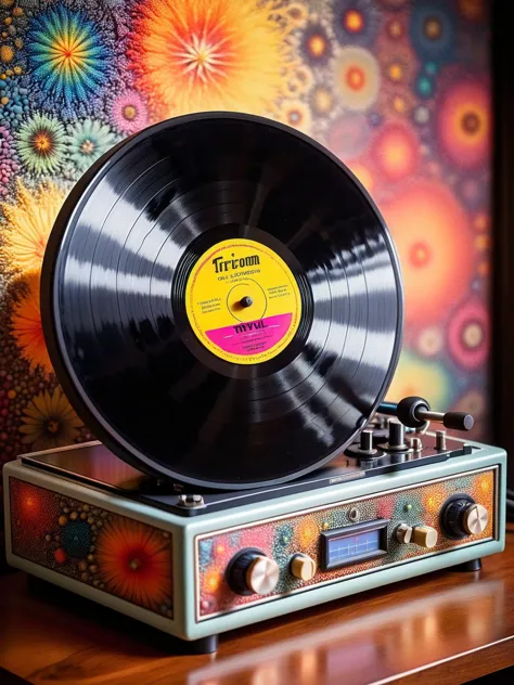 A classic vinyl record player, with ral-trichom effect on the vinyl grooves, set against a backdrop of a vintage music studio <lora:ral-trichome-sdxl:1>,<lora:EnvyBetterHiresFixXL01:0:hr=1>.