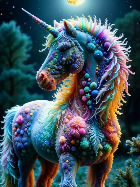 a unicorn with a rainbow mane and a full moon in the background