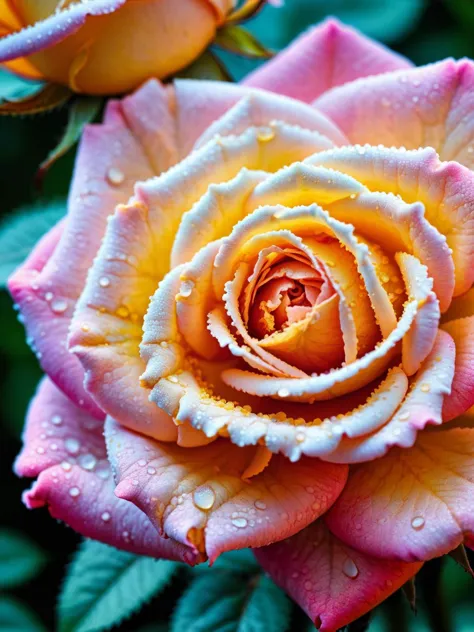 A detailed macro shot of a blooming rose, its petals displaying an array of ral-trichome textures, amidst a soft-focus garden se...