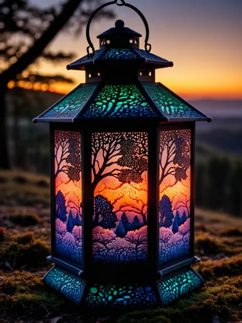 A lantern glowing at twilight, the light casting ral-trichom patterns on the ground, with a dusky forest scene behind it <lora:r...