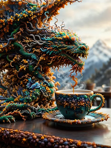 there is a dragon statue with a cup of coffee on a table