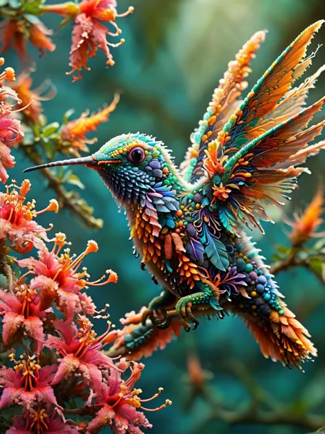 A ral-trichom close-up of a hummingbird sipping nectar from a vibrant flower, its iridescent feathers shimmering against a backdrop of lush tropical foliage. <lora:ral-trichome-sdxl:1>,<lora:EnvyBetterHiresFixXL01:0:hr=1> Fractalvines, A wise old dragon, its scales covered in fractal vines, perched atop a mountain peak, its eyes glowing with ancient knowledge and power. <lora:Fractal_Vines:1>  <lora:quality1:0:hr=1>