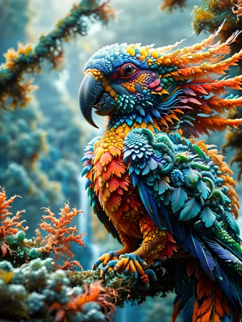 brightly colored parrot perched on branch in forest with waterfall in background