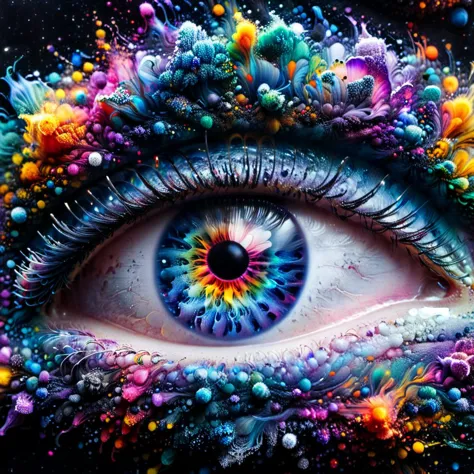 a close up of a person's eye with colorful paint on it