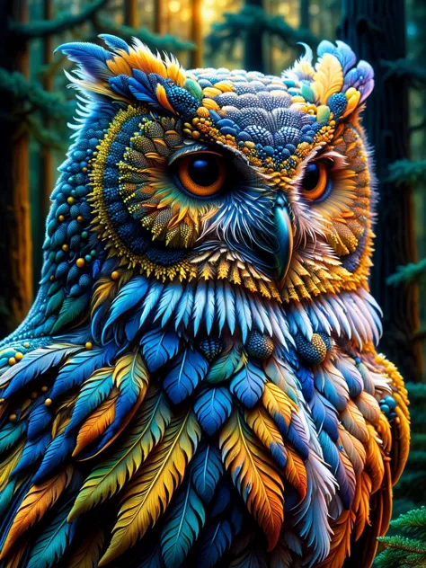 A detailed portrait of a wise old owl, its feathers rendered in stunning ral-trichom detail, with the depths of the nocturnal fo...