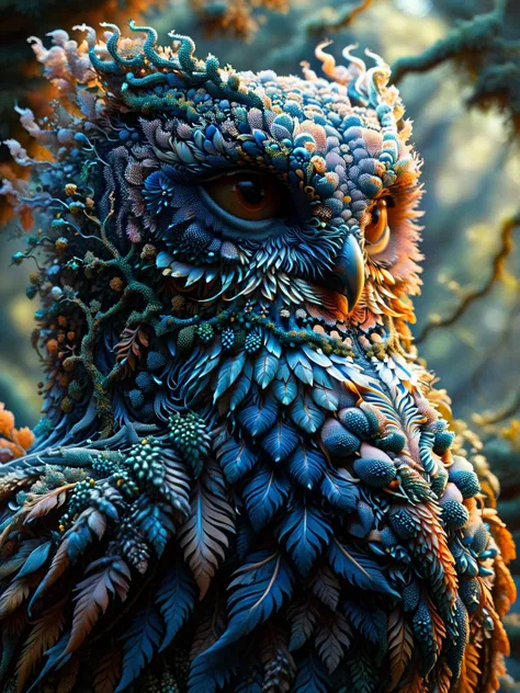 Um retrato detalhado de uma coruja velha e sábia, suas penas renderizadas em detalhes impressionantes do ral-trichom, com as profundezas da cena da floresta noturna atrás dela . fractalvinas, Um velho dragão sábio, suas escamas cobertas por vinhas fractais, empoleirado no topo de um pico de montanha, seus olhos brilhando com conhecimento e poder antigos. 