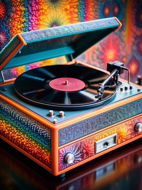 A classic vinyl record player, with ral-trichome effect on the vinyl grooves, set against a backdrop of a vintage music studio <...