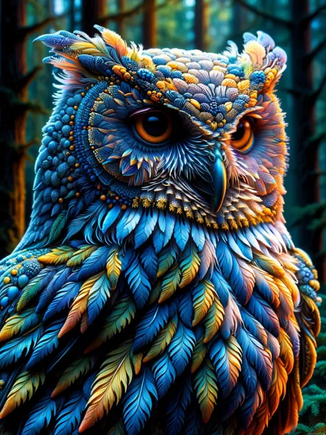 A detailed portrait of a wise old owl, its feathers rendered in stunning ral-trichome detail, with the depths of the nocturnal forest scene behind it <lora:ral-trichome-sdxl:1>,<lora:EnvyBetterHiresFixXL01:0:hr=1>.