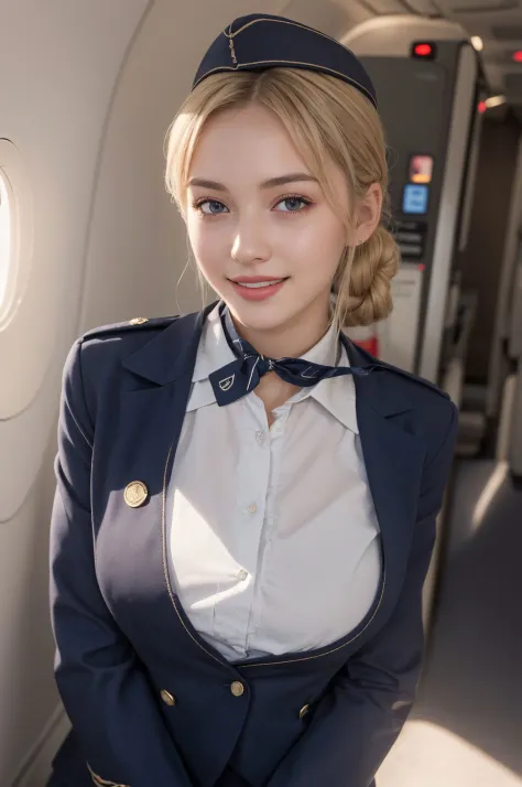 ,1 stewardess woman , russian girl, 21 years old, subsurface scattering, smiling, hair bun, blonde hair, bangs, stewardess, dark...