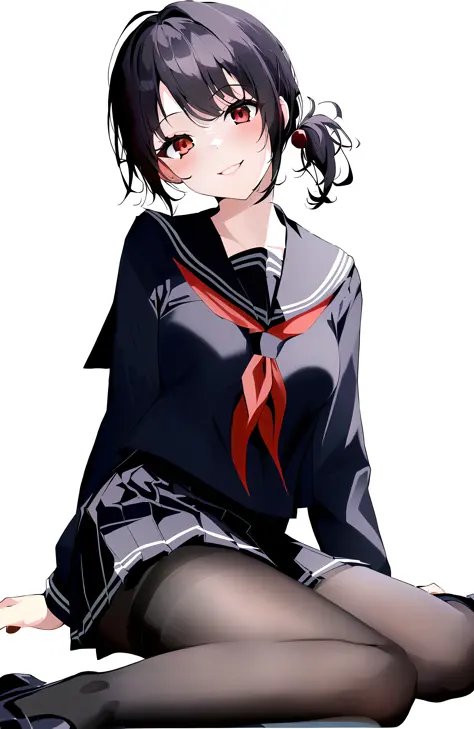 (incredibly_absurdres:1.5),1girl, (red eyes//),black hair,short hair,(++medium breasts),side ponytail,seductive smile,(serafuku:...