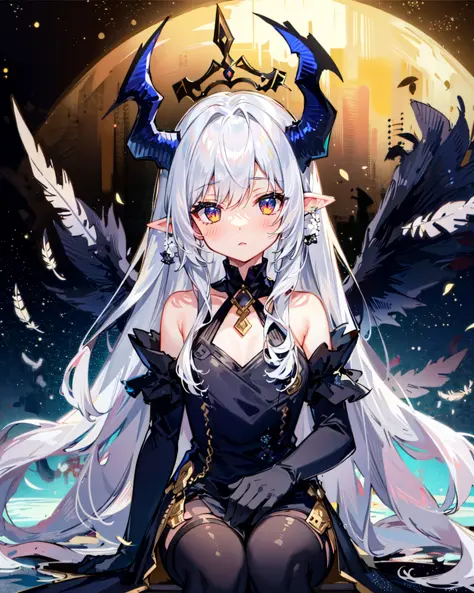 <lora:lightAndShadow_v10:0.4>,1girl, bare shoulders,flat_chest,beautiful detailed cold face,feathers,very long blue and sliver hair,floaing black feathers,wavy hair,white sleeves,choker,chains,dragon horns,angel wings,gold and sliver fringes,a (blackhole) behind the girl,a silver triple crown inlaid with obsidian,(sit) on the black ((throne)), (depth) of (field),