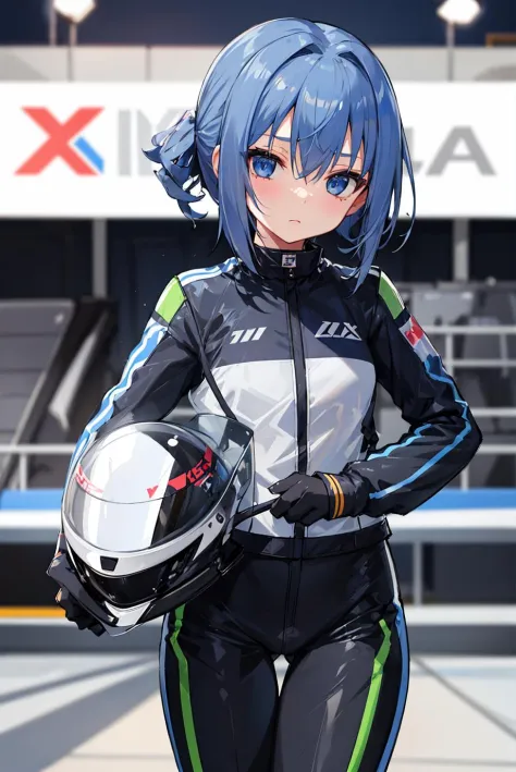 1girl, solo, petite, kawaii, cute, 12 years old, azure color hair, expressionless, empty eyes, gray racing suite, gray jumpsuit, holding, holding motorcycle helmet, 
race track, race cars, sports cars, audience, blurry background