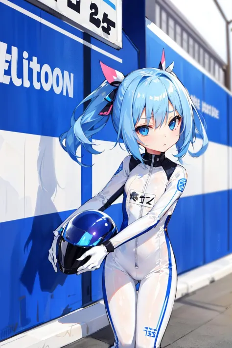 1girl, solo, petite, kawaii, cute, 12 years old, azure color hair, expressionless, empty eyes, white racing suite, white jumpsui...