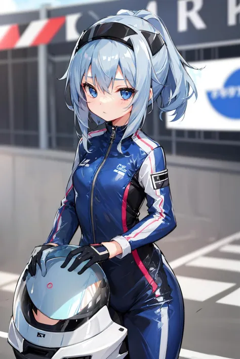 1girl, solo, petite, kawaii, cute, 12 years old, azure color hair, expressionless, empty eyes, gray racing suite, gray jumpsuit, holding, holding motorcycle helmet,
race track, race cars, sports cars, audience, blurry background