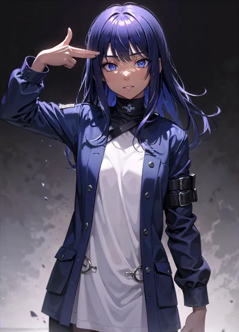 finger gun to head, finger gun, (two fingers:1.3), cowboy shot, 1girl, dark-skinned female, crazy smile, dark blue eyes, parted bangs, Bushy Hair, simple background, 