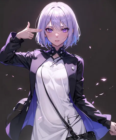 finger gun to head, finger gun, (two fingers:1.3), cowboy shot, 1girl, dark-skinned female, shouting, violet eyes, single hair intake, bob cut, simple background, 