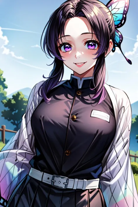(best quality:1.2), 1girl, (masterpiece:1.2), raytracing, cute face, perfect face, ultra detailed,detailed face, 8k wallpaper, wide hips, ShinobuKochou_NDV, 1girl, purple eyes, black-purple hair, japanese clothes, demon slayer uniform, butterfly hair ornament, belt, black pants, black jacket, smile,  outdoor