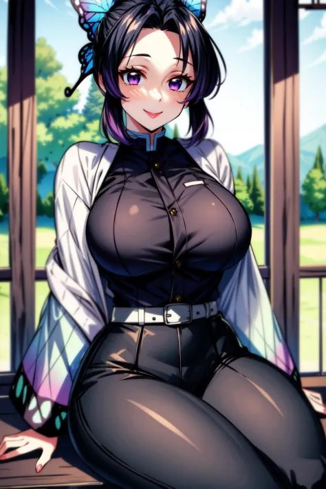(best quality:1.2), 1girl, (masterpiece:1.2), raytracing, cute face, perfect face, ultra detailed,detailed face, 8k wallpaper, wide hips, ShinobuKochou_NDV, 1girl, purple eyes, black-purple hair, japanese clothes, demon slayer uniform, butterfly hair ornament, belt, black pants, black jacket, smile,  outdoor, large breasts, sitting