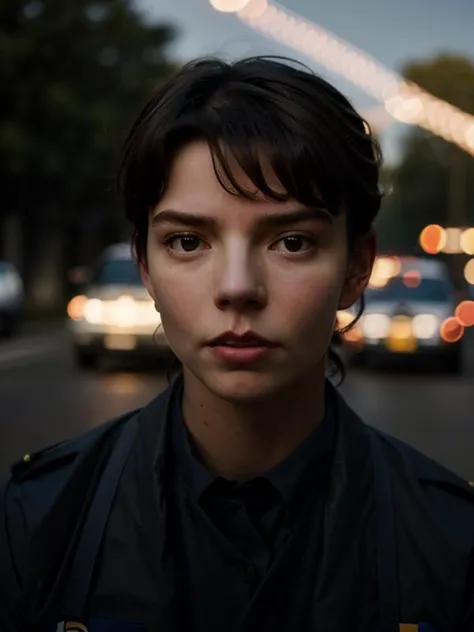 bokeh,halfbody,oil portrait,cinematic light,DSLR,dark mood, short brown hair ,as a  policewoman,any4tayl0r