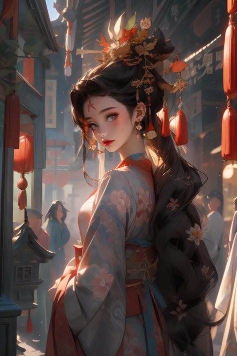 chef-d&#39;œuvre,Meilleure qualité,8k,lumière cinématographique,ultra haute résolution,peinture chinoise,
1fille,seulement,fleur,ornement de cheveux,architecture traditionnelle chinoise,cheveux noirs,hair fleur,art chinois,hanfu,bifurquer,cheveux longs,ceinture,Haut du corps,vêtements chinois,bijoux,manches longues,des boucles d&#39;oreilles,fleuring bifurquer,zanhua,style chinois,