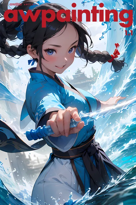 Masterpiece, 1girl, close up, wear blue hanfu, Chinese Traditional cloth, ((holding a water sword,)) long black hair, hair braid...