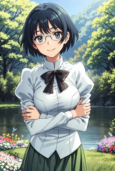 (best quality), (masterpiece), Shizune, school uniform, forest clearing, sunny, lake, flowers, butterflies, looking at viewer, s...