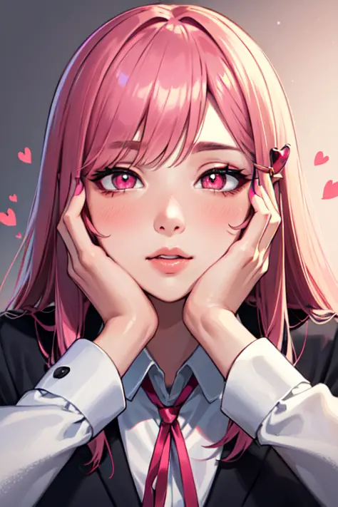 (masterpiece, best quality, ultra-detailed, highres, best illustration),perfect face, ((solo, solo focus)),sidelighting, lustrous skin,(bloom), (shine), ray tracing,1girl, symbol-shaped pupils, heart-shaped pupils, heart, solo, pink hair, hair ornament, hands on own face, long hair, blush, drooling, pink eyes, school uniform, long sleeves, looking at viewer, nail polish, red eyes, ribbon,depth_of_field,very detailed background,extreme light and shadow,(detailed eyes), perfect lighting , perfect anatomy,(extremely detailed illustrated 8k wallpaper),(masterpiece), (best quality), (ultra-detailed), (best illustration),(best shadow) , vivid colors,