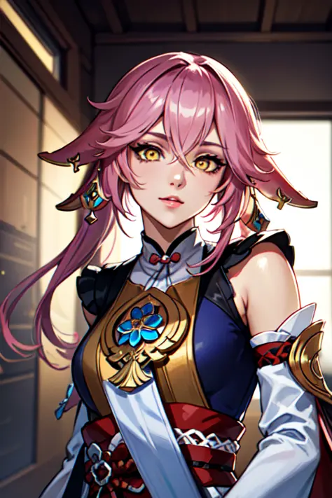 official, Yae Miko, pink hair,  (masterpiece, best quality, ultra-detailed, highres), ((solo)), perfect face, sidelighting, lust...