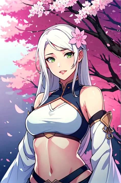 masterpiece, best quality, 1girl, solo, long hair, green eyes, white hair, hair ornament, detached sleeves, midriff, breasts, li...