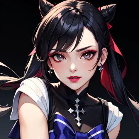 (masterpiece, best quality, ultra-detailed, highres, best illustration),perfect face, sidelighting, lustrous skin,(bloom), (shine), ray tracing,masterpiece, best quality, 1girl, gothic, black lips, solo, black hair, makeup, twin tails, hair buns, sailor moon, multicolored hair, white hair, bangs, eyeshadow, cross, hair bow, bow, lipstick, two-tone hair, fishnets, mascara, black background, hair ornament, (Genshin Impact)